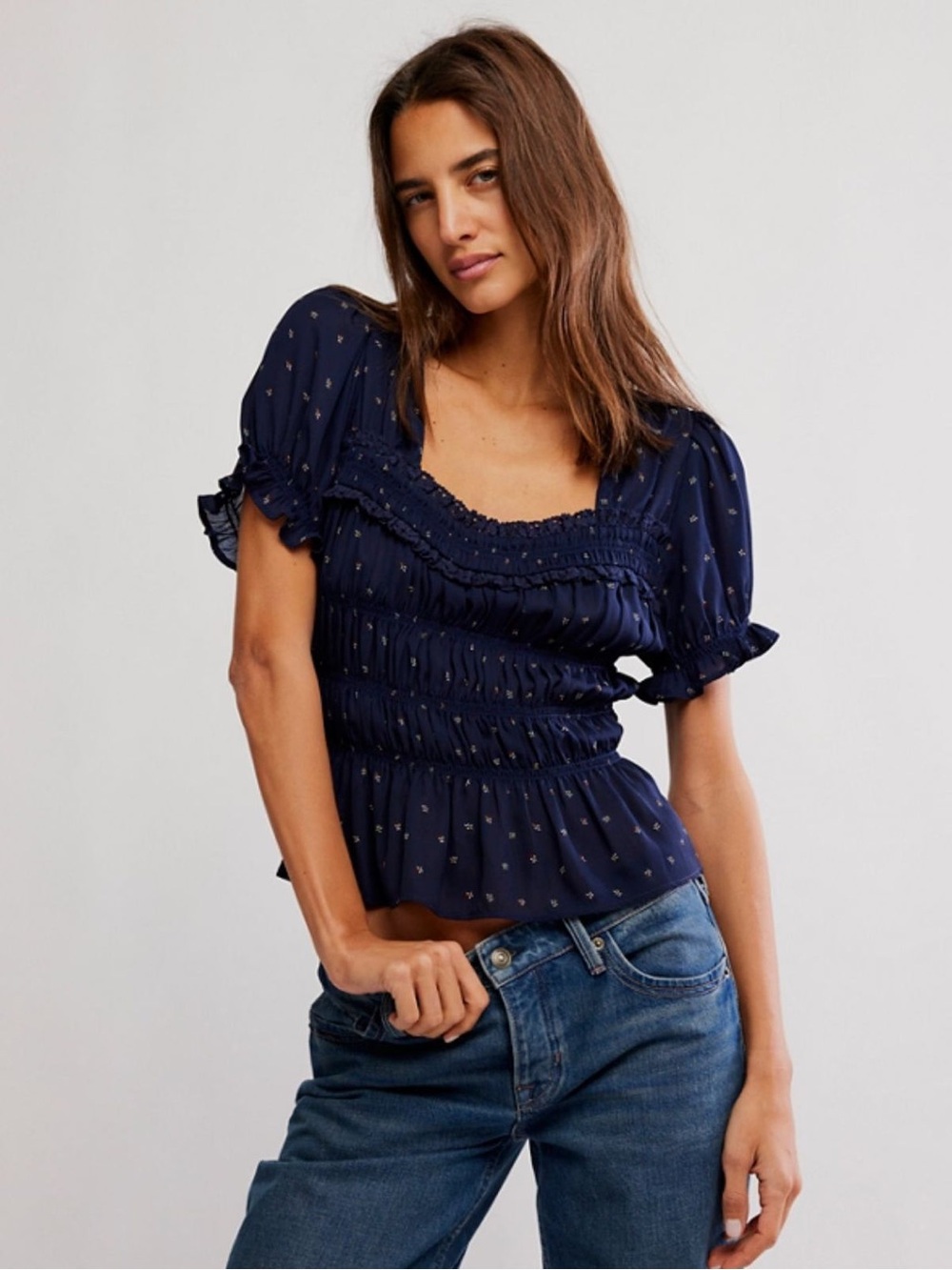 Free People Adore You Smocked Top in a peacoat navy print Small